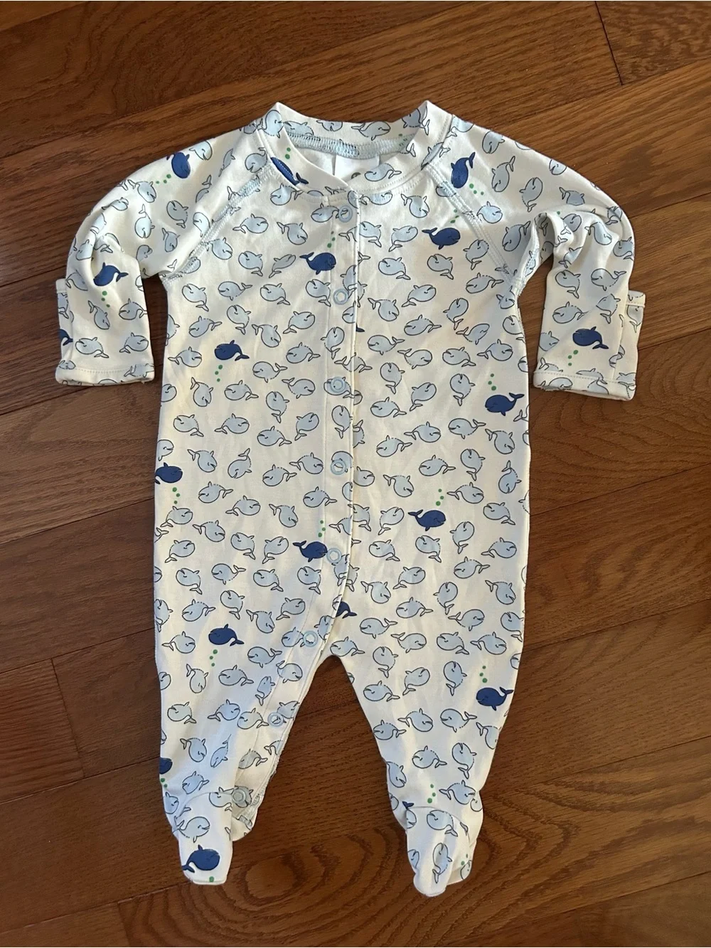 Hanna Andersson Footed One-Piece Blue Whale Print Organic Pima Cotton 0-3M